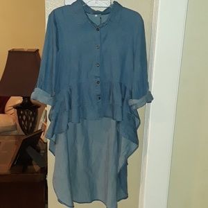 Noble U Chambray Button Front High Low Ruff Tunic